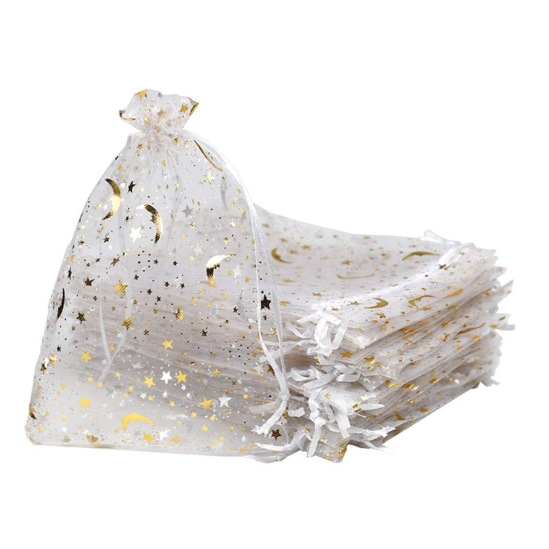 SUNGULF 100Pcs 5x7 Inches Sheer Drawstring Organza Bags Stars and Moon Wedding Party Favor Jewelry Candy Gift Pouches (White) - Image 2